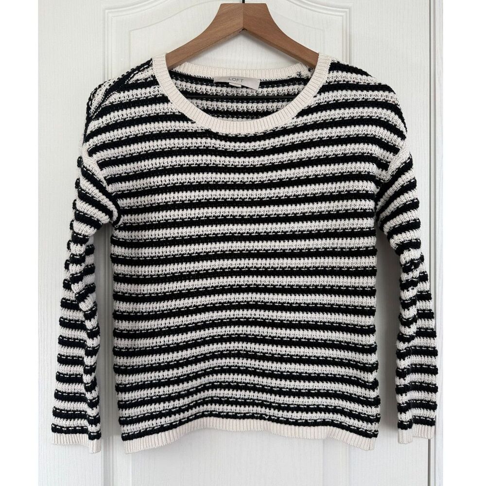 Loft Women's Pullover Sweater Black White Stripe 100% Cotton Open Knit Size XS